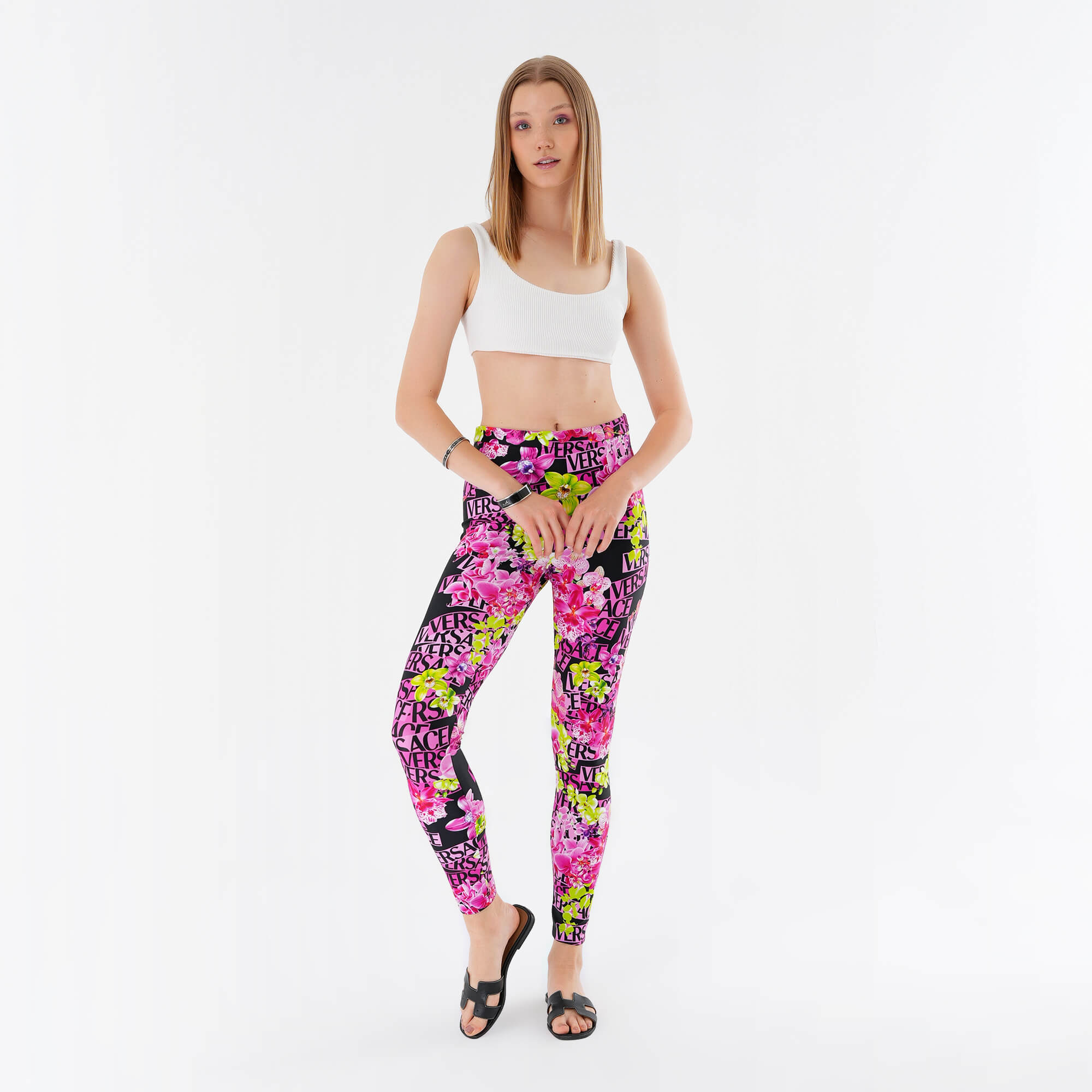 Versace- Multicolor Floral  Logo Printed Leggings IT42